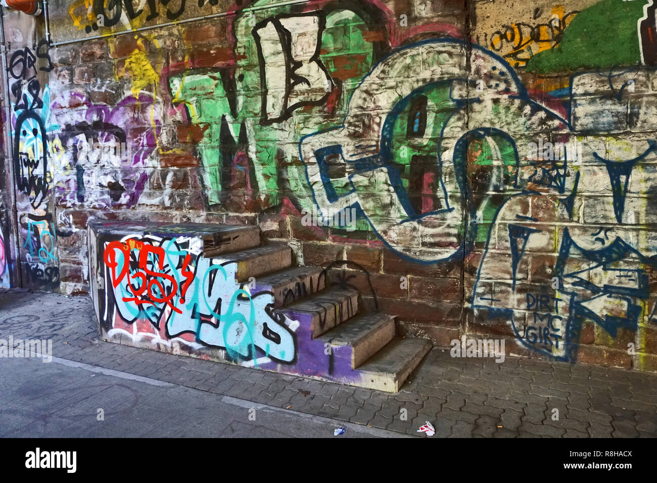 Stairs into nowhere, wall and steps decorated with graffiti - Karlsruhe, Germany Stock Photo