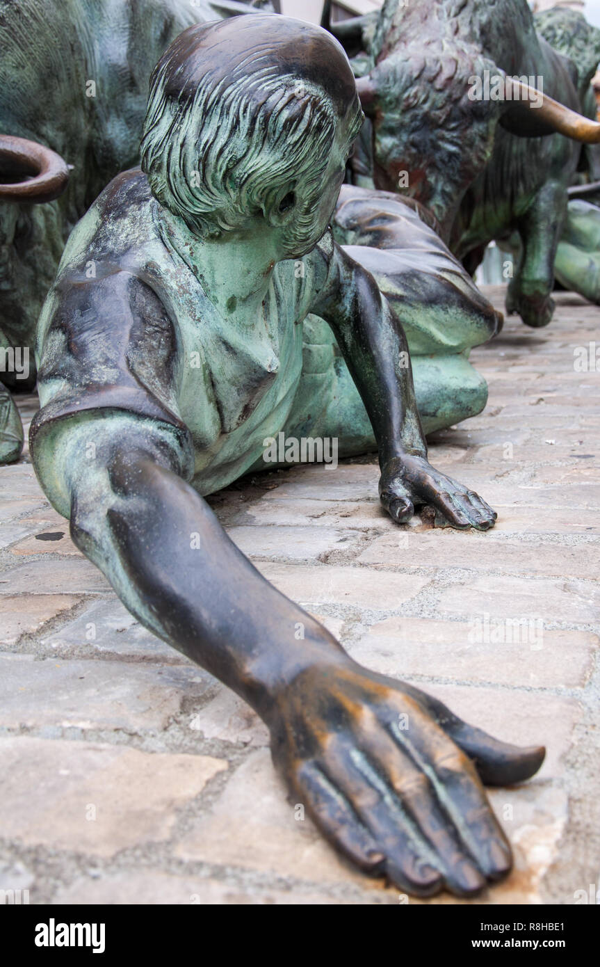 A close up of a figure from the bull run monument in the city of Pamplona in Spain made famous by Ernest Hemingway Stock Photo