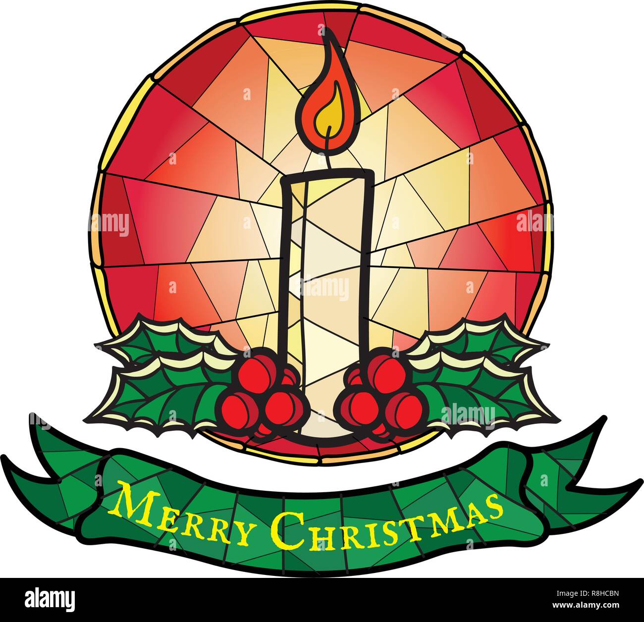 Christmas Candle with Holly - Stained Glass Style Symbol Stock Vector