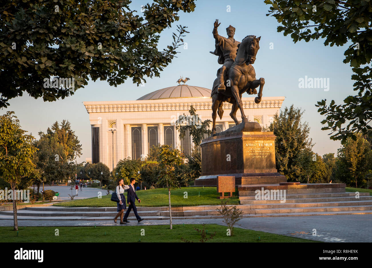 Amir Timur statue, in Amir Timur square, and Dom Forum (The Palace of International Forums),Tashkent, Uzbekistan Stock Photo