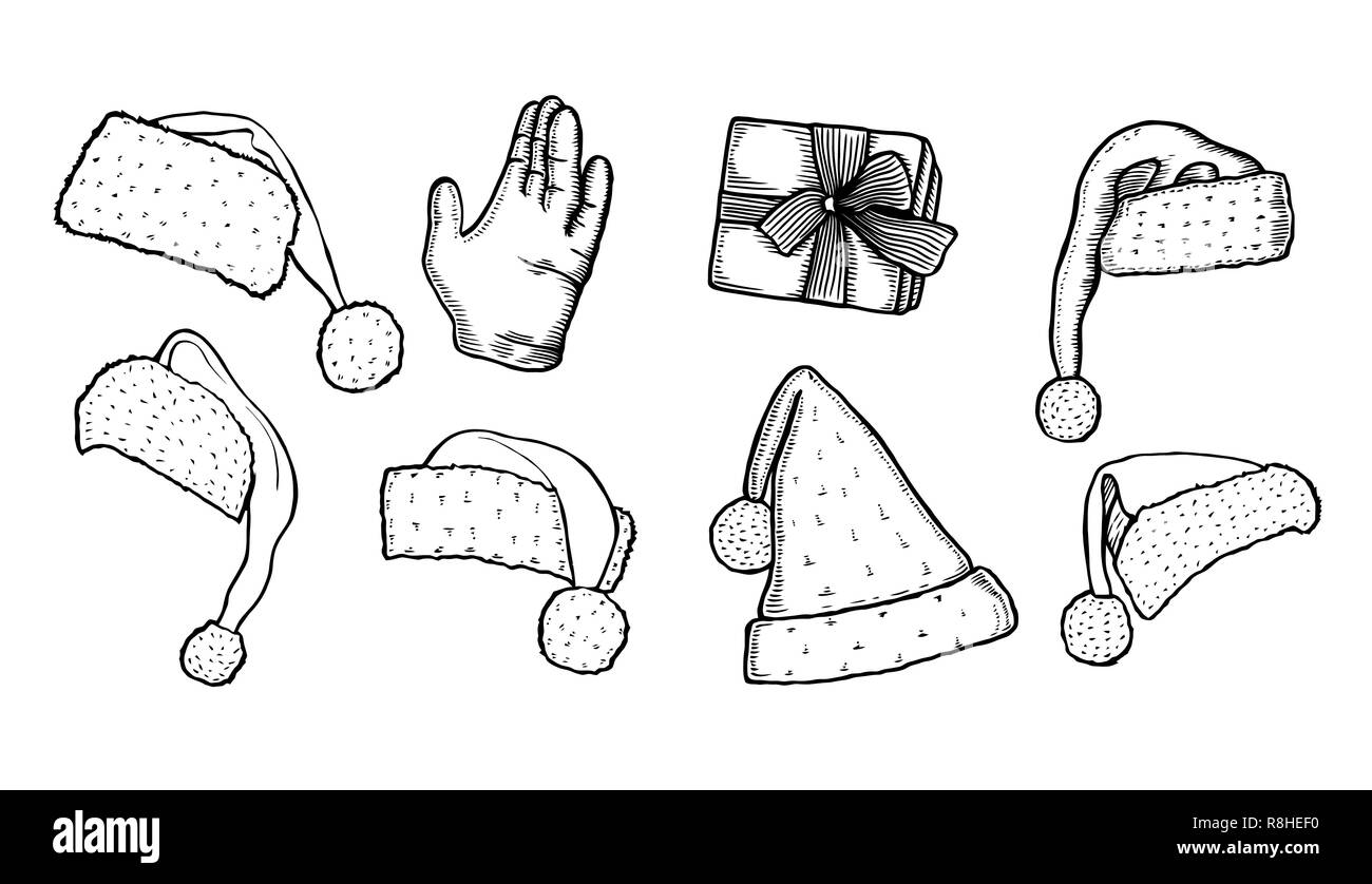 The hand of Santa Claus collection of different shapes santa xmas christmas hats, In the vintage style of engraving Stock Vector