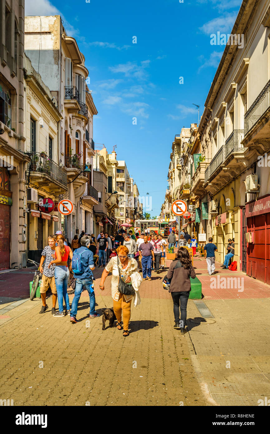 MONTEVIDEO, URUGUAY, APRIL - 2018 - Urban day scene at traditional pedestrian in ciudad vieja district in Montevideo city, Uruguay Stock Photo