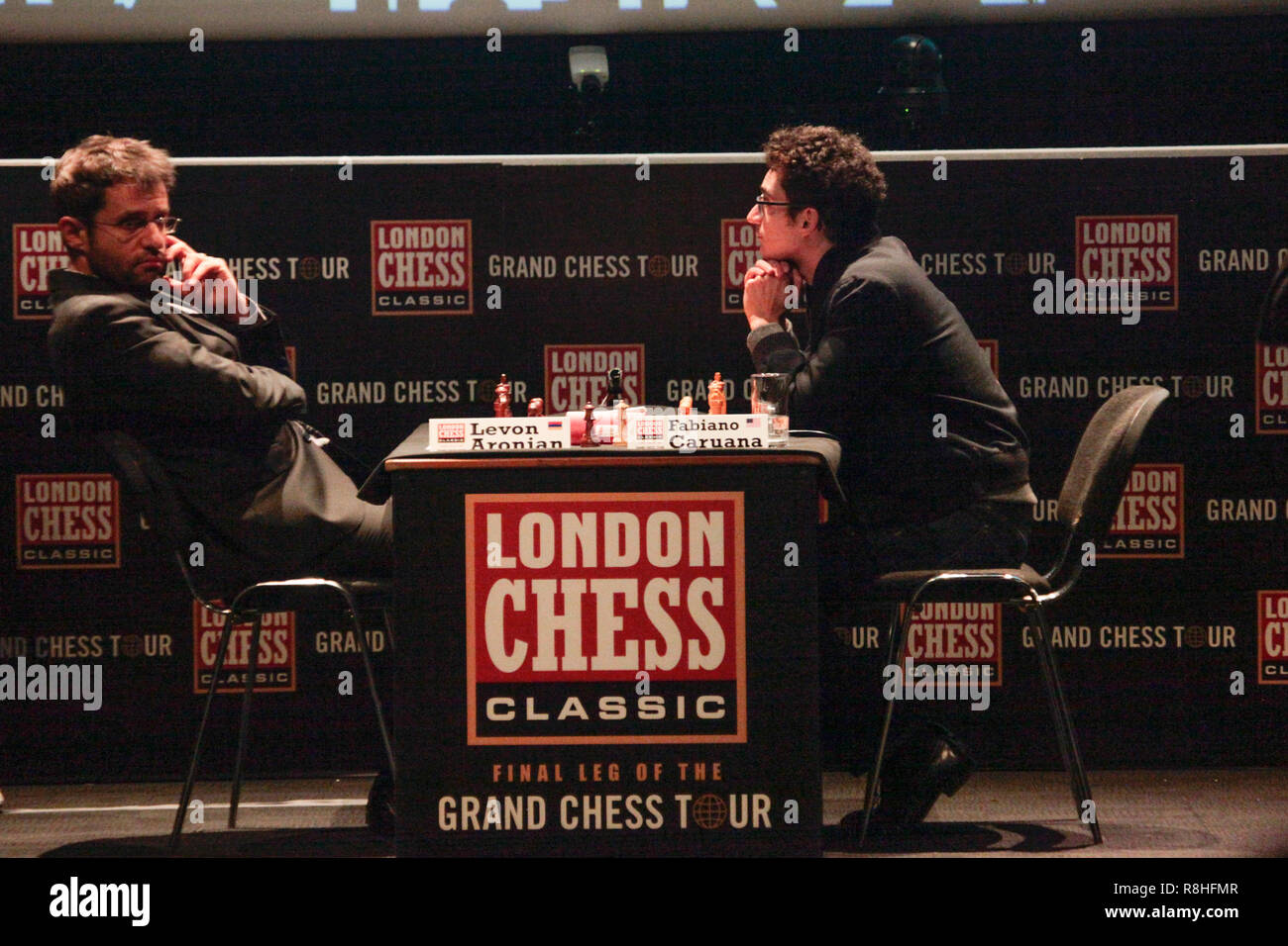 London, UK. 15th December 2018. Chess grandmasters Fabiano Caruana, (US)  world #2 Levon Aronian (Armenia), world #6 playing for the Third and Fourth  place in the final of the Chess Classics been