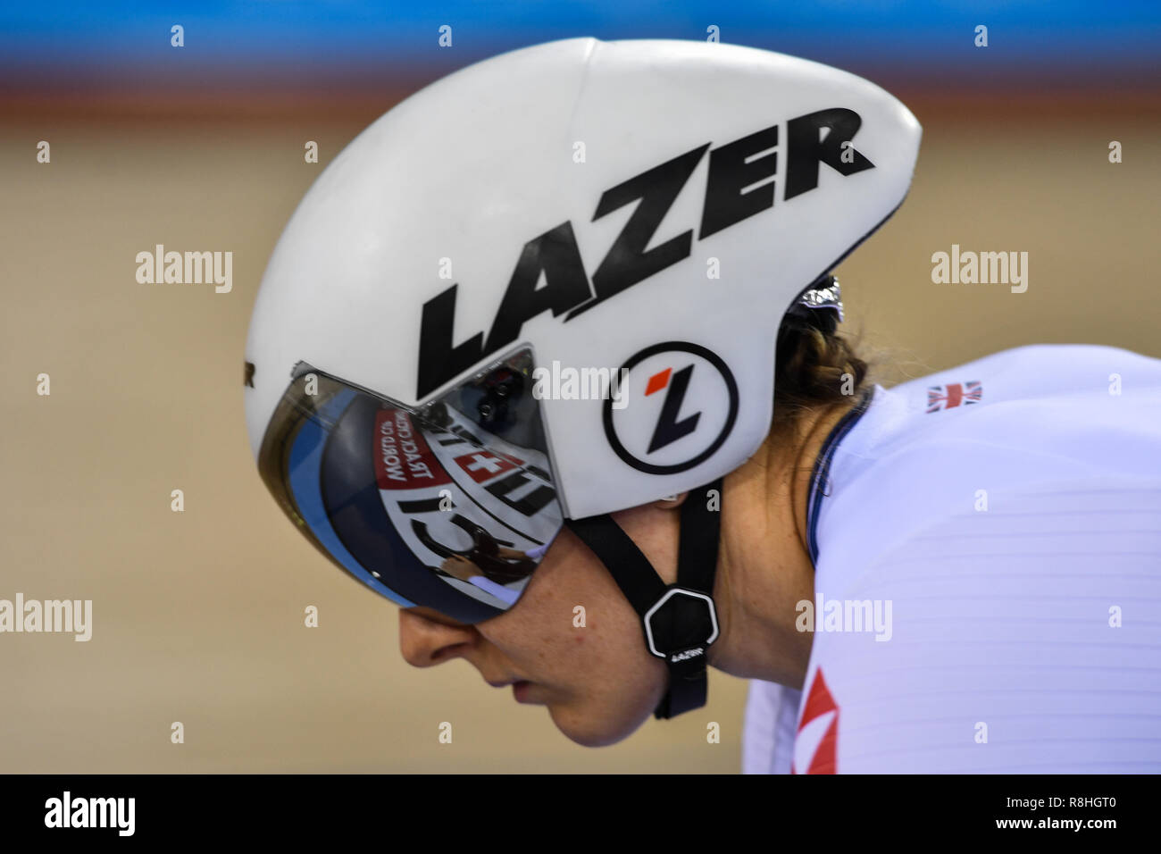 London, UK. 15th December 2018. Katy Marchant (GBR) her helmet reflect the UCI logo on the floor during Tissot UCI Track Cycling World Cup IV at Lee Valley VeloPark on Saturday, 15 December 2018. LONDON ENGLAND.  (Editorial use only, license required for commercial use. No use in betting, games or a single club/league/player publications.) Stock Photo