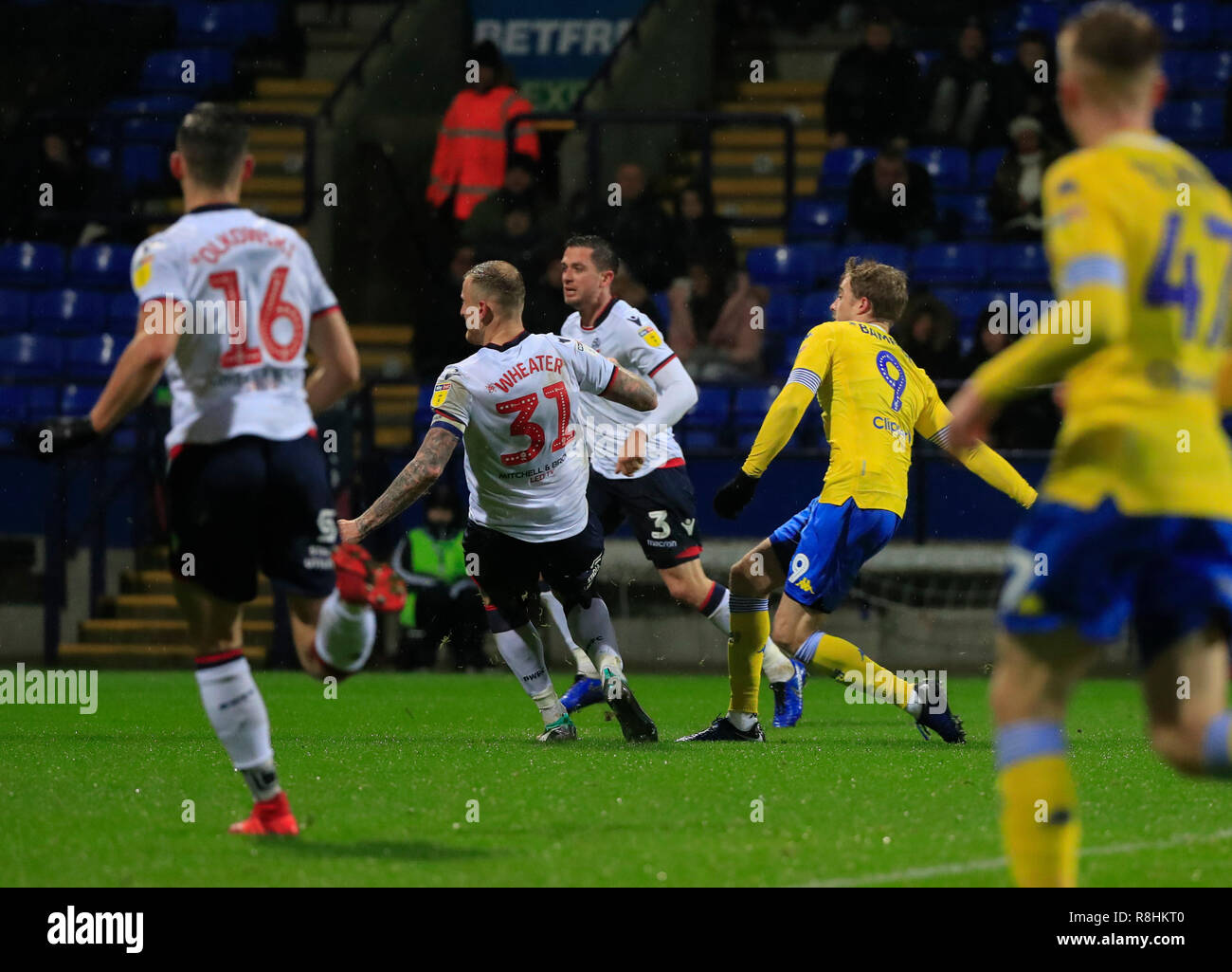 Bolton, UK. 15th December 2018. Sky Bet Championship, Bolton vs Leeds United ; Patrick Bamford of Leeds United scores the opening goal of the game 0-1 to Leeds    Credit: Conor Molloy/News Images  English Football League images are subject to DataCo Licence Credit: News Images /Alamy Live News Stock Photo