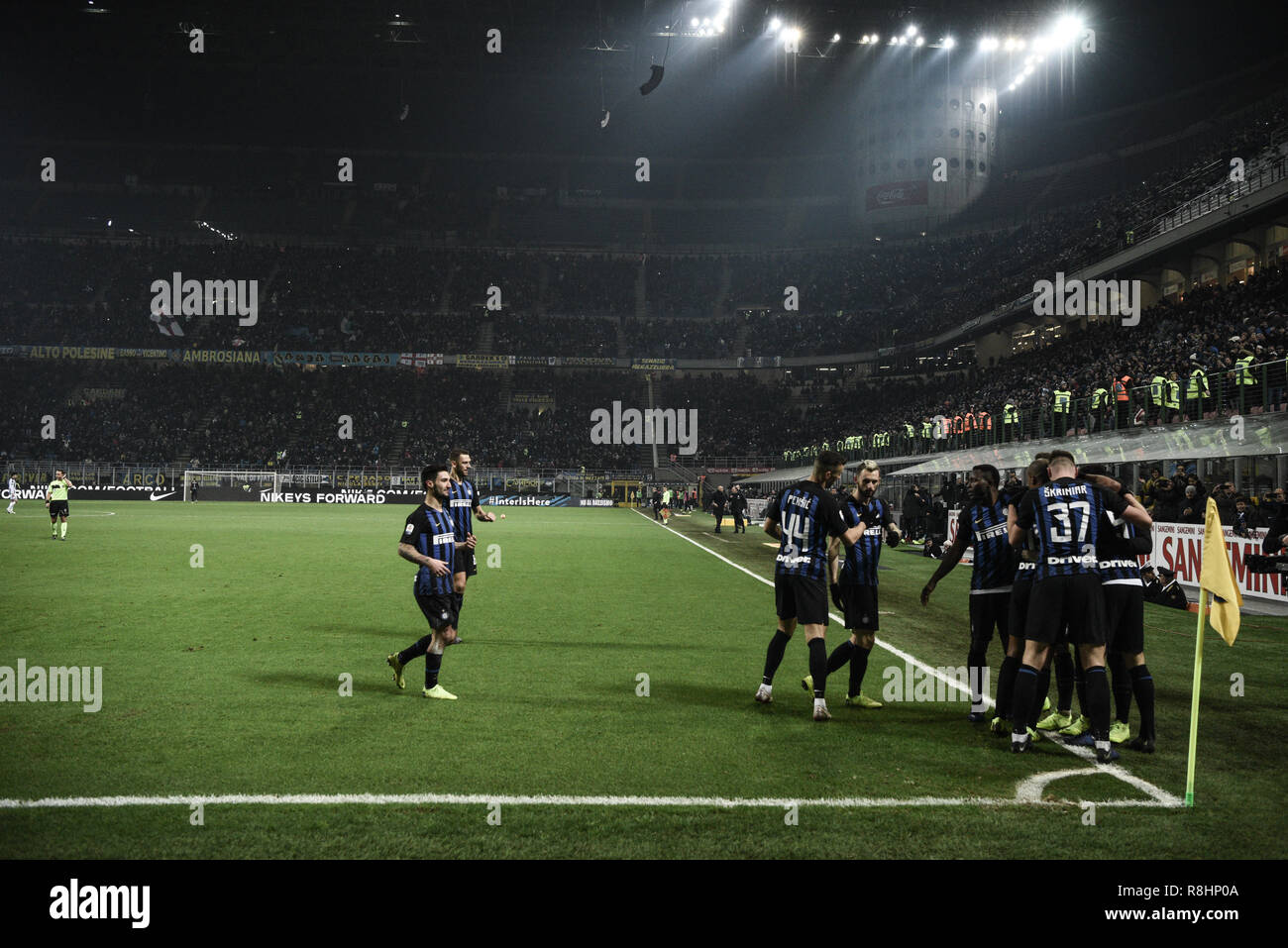 Milan, Italy. 15th Dec 2018. Forward Mauro Icardi (Inter) celebrates with team mates after scoring a goal during the Serie A football match, Inter Milan vs Udinese Calcio at San Siro Meazza Stadium in Milan, Italy on 15 December 2018 Credit: Piero Cruciatti/Alamy Live News Stock Photo