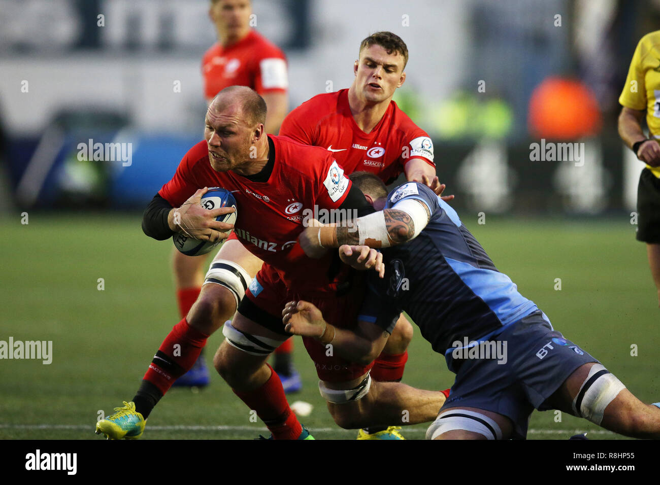 Cardiff, Wales, UK. 15th Dec 2018. Schalk Burger of Saracens is tackled. Heineken Champions Cup, pool 3 rugby match, Cardiff Blues v Saracens at the BT Sport Cardiff Arms Park in Cardiff on Saturday 15th December 2018.  this image may only be used for Editorial purposes. Editorial use only. pic by  Andrew Orchard/Andrew Orchard sports photography/Alamy Live news Stock Photo