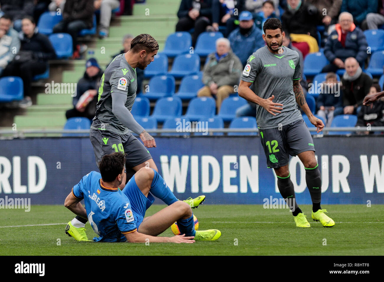 Getafe CF's Leandro Cabrera and Real Sociedad's Theo Hernandez are seen in action during the La Liga football match between Getafe CF and Real Sociedad at the Coliseum Alfonso Perez in Getafe, Spain. ( Final score; Getafe CF 1:0 Real Sociedad ) Stock Photo