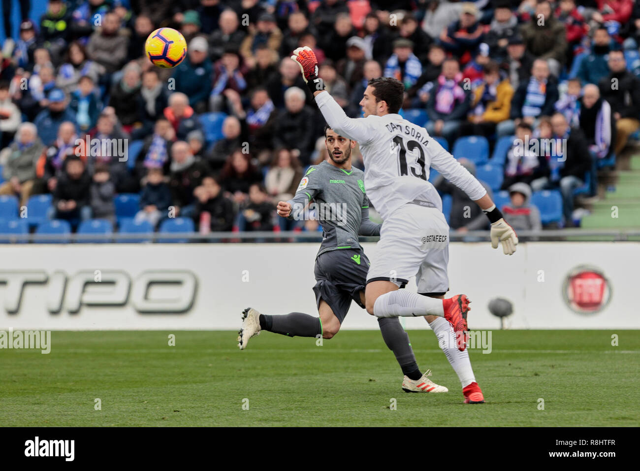 Getafe CF's David Soria and Real Sociedad's Juan Miguel Jimenez are seen in action during the La Liga football match between Getafe CF and Real Sociedad at the Coliseum Alfonso Perez in Getafe, Spain. ( Final score; Getafe CF 1:0 Real Sociedad ) Stock Photo