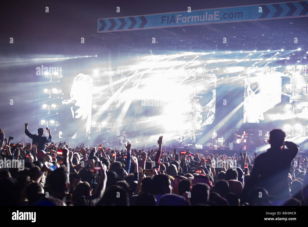 Ad Diriyah, Saudi Arabia. 15th December 2018. Pop-rock band One Republic plays to an historic open-air crowd at the season-opening Formula E racing event in Saudi Arabia. Credit: Stephen Lioy/Alamy Live News Stock Photo