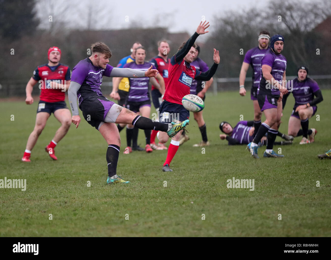 Blaby, Leicester, UK. 15th Dec 2018. Rugby Union. Leicester Lions v Hull  Ionians rfc. Harry Key (Leicester Lions) kicks for position during the RFU  National League 2 North game between Leicester LIons