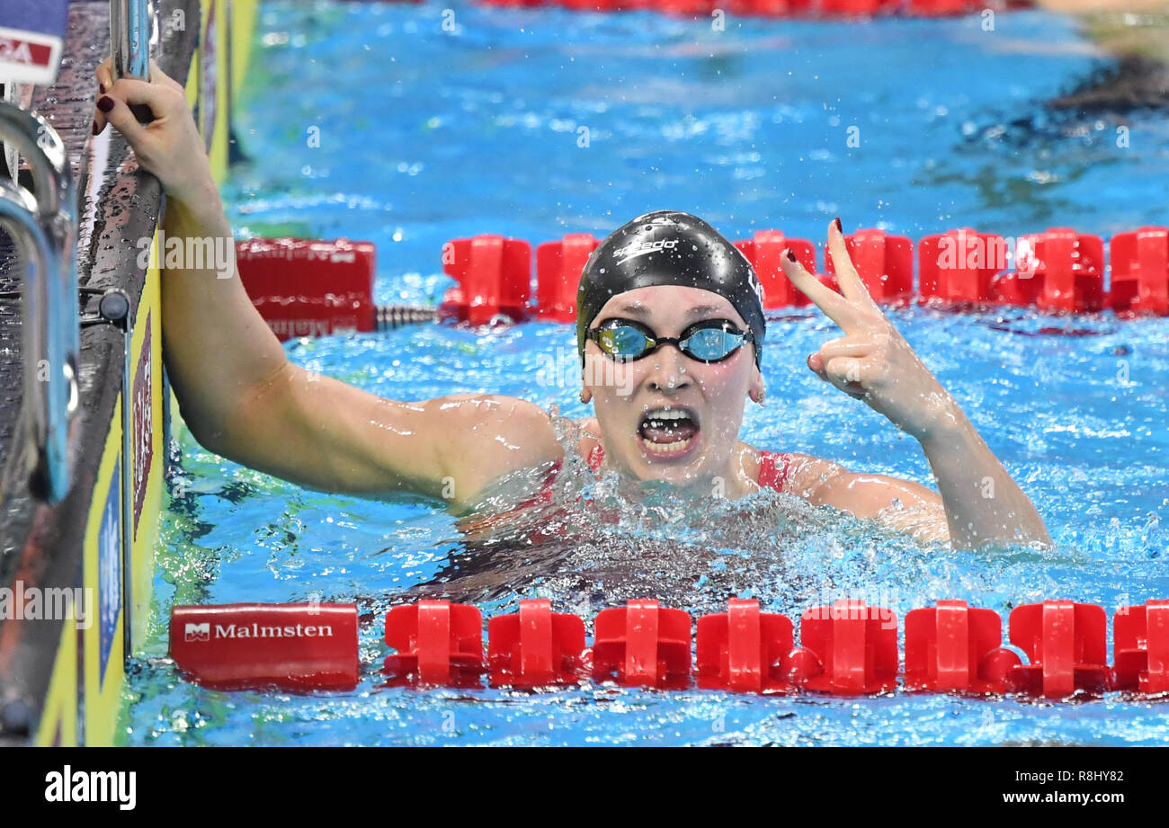 Hangzhou, China's Zhejiang Province. 16th Dec, 2018. Annie Lazor of the United States celebrates after winning Women's 200m Breaststorke Final at 14th FINA World Swimming Championships (25m) in Hangzhou, east China's Zhejiang Province, on Dec. 16, 2018. Annie Lazor claimed the title with 2:18.32. Credit: Weng Xinyang/Xinhua/Alamy Live News Stock Photo