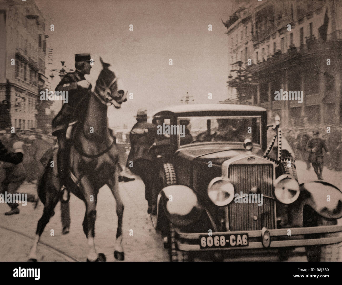 The assassination of Alexander I, aka Alexander the Unifier on 9 October 1934 who became King of Yugoslavia from 1921 to 1934 (prior to 1929 the state was known as the Kingdom of Serbs, Croats and Slovenes). He was assassinated in Marseille, France while being slowly driven through the streets along with French Foreign Minister Louis Barthou by the Bulgarian terrorist Vlado Chernozemski, of the pro-Bulgarian Internal Macedonian Revolutionary Organization (IMRO). He stepped from the street and shot and killed the King. Stock Photo