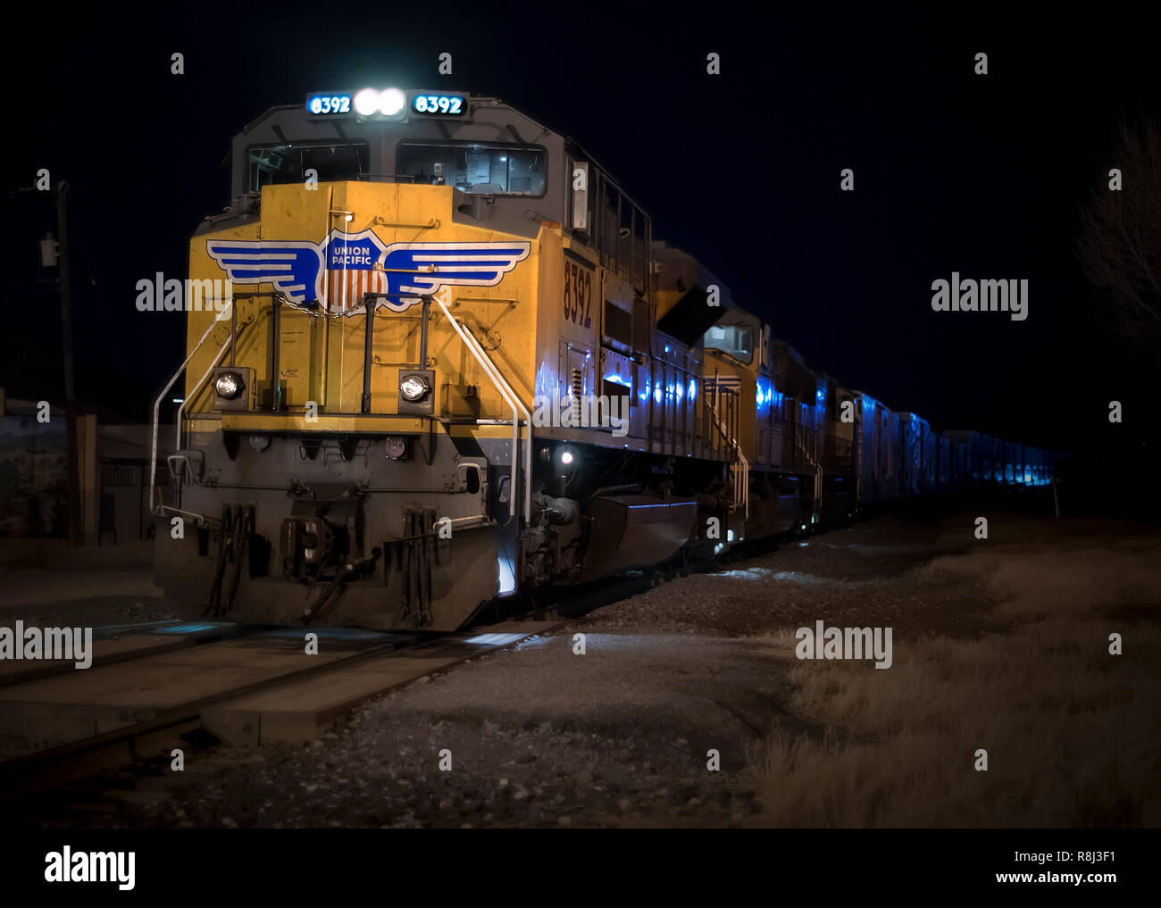 Union Pacific freight train going through Alpine, a small town situated in far west Texas. Stock Photo