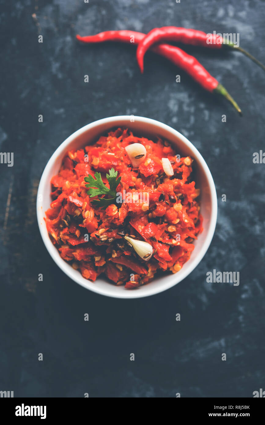 Hot and spicy Hot chilli chutney using lal mirch, cumin seeds, lemon