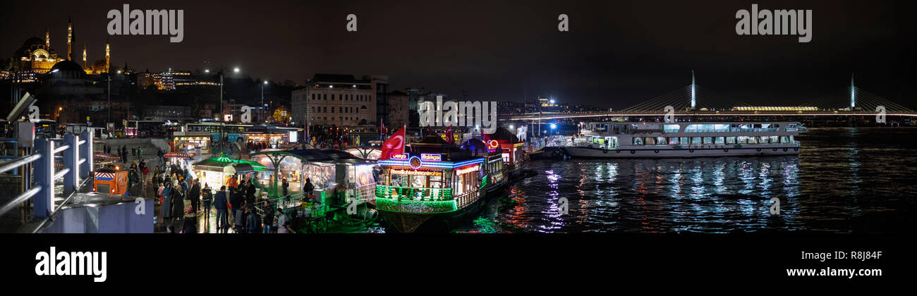 Eminonu square at night. Big panorama. Istanbul Stock Photo