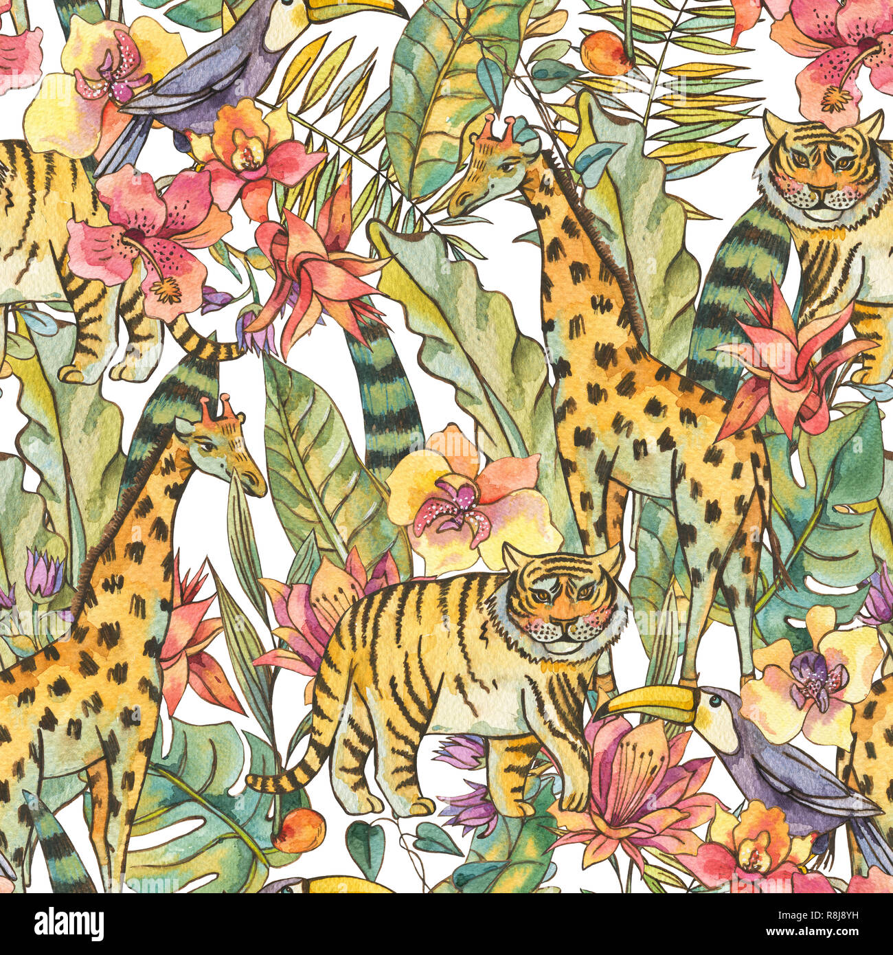Watercolor jungle illustration, Natural Exotic Tropical Seamless Pattern with flowers of orchids, monstera, palm, liana, tiger, giraffe and toucan on  Stock Photo