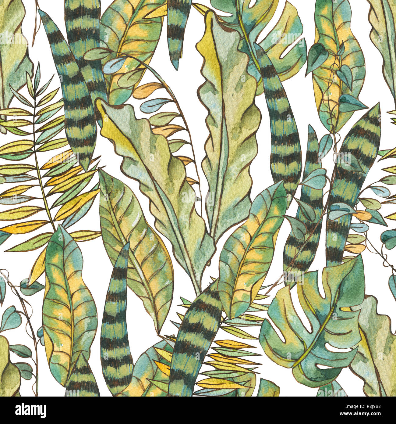 Watercolor Seamless Exotic Background with Tropical Leaves, Botanical ...