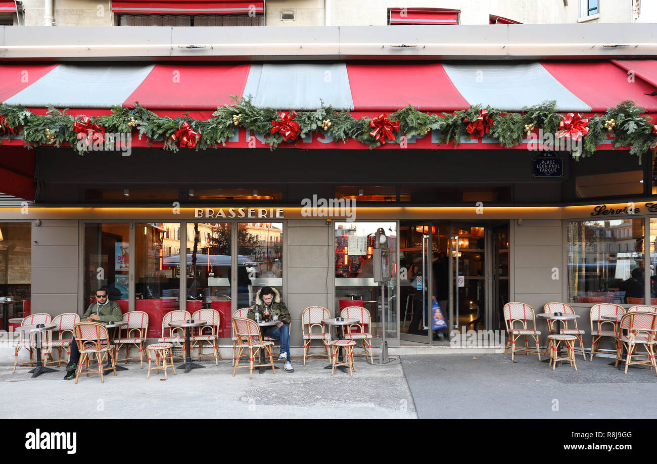 The traditional French brasserie Francois Coppe decorated for Christmas . It located in Saint-Germain district , Paris, France. Stock Photo