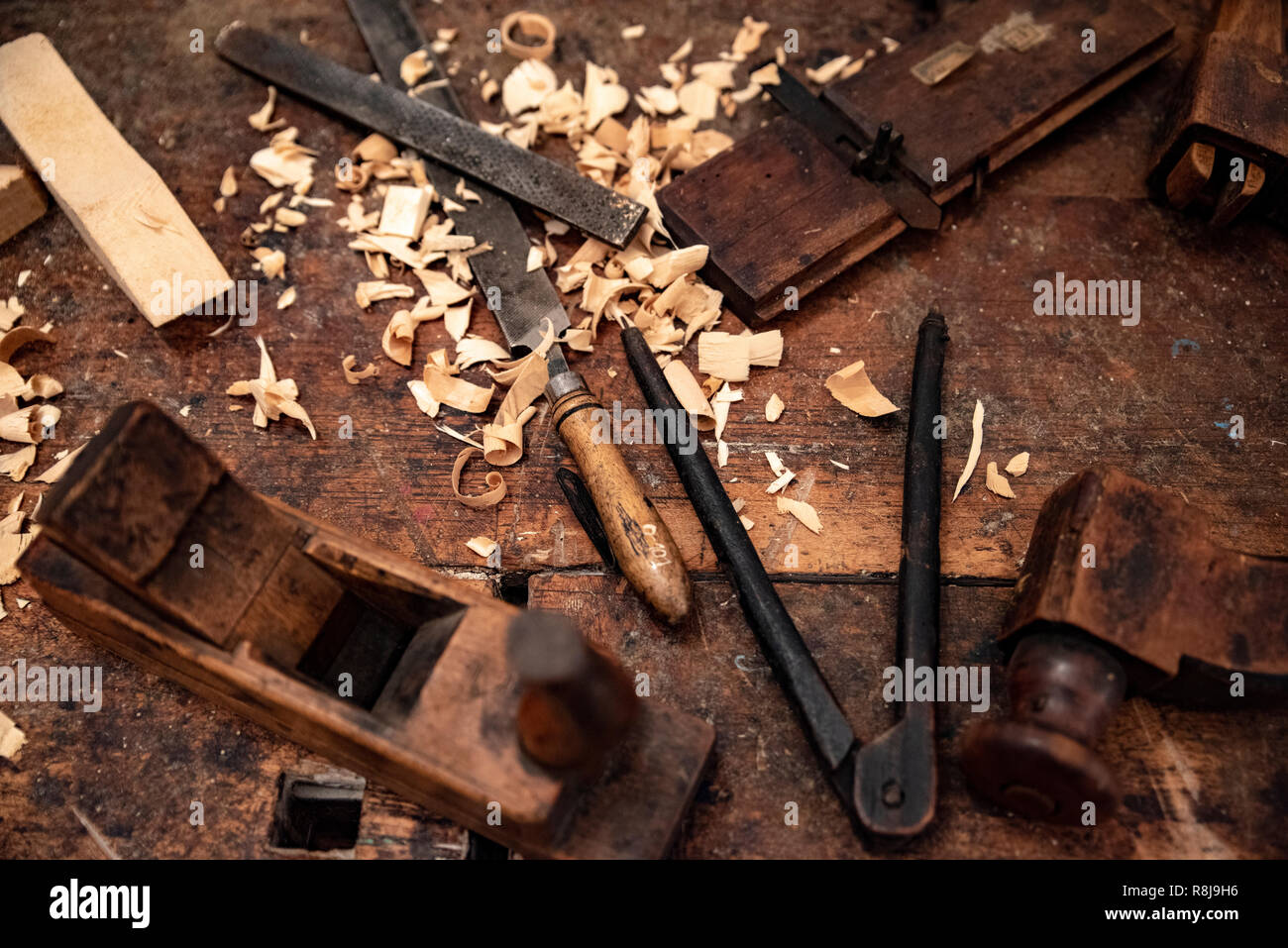 old tools for traditional wooden art work Stock Photo