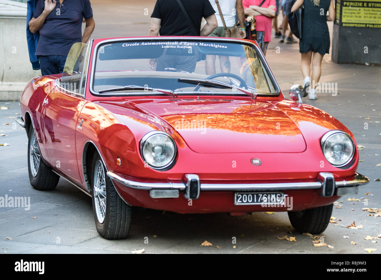 Ancona , Italy - September 23th, 2018 : Fiat 850 Spider convertible at a vintage cars exhibition in Ancona, Italy. Stock Photo