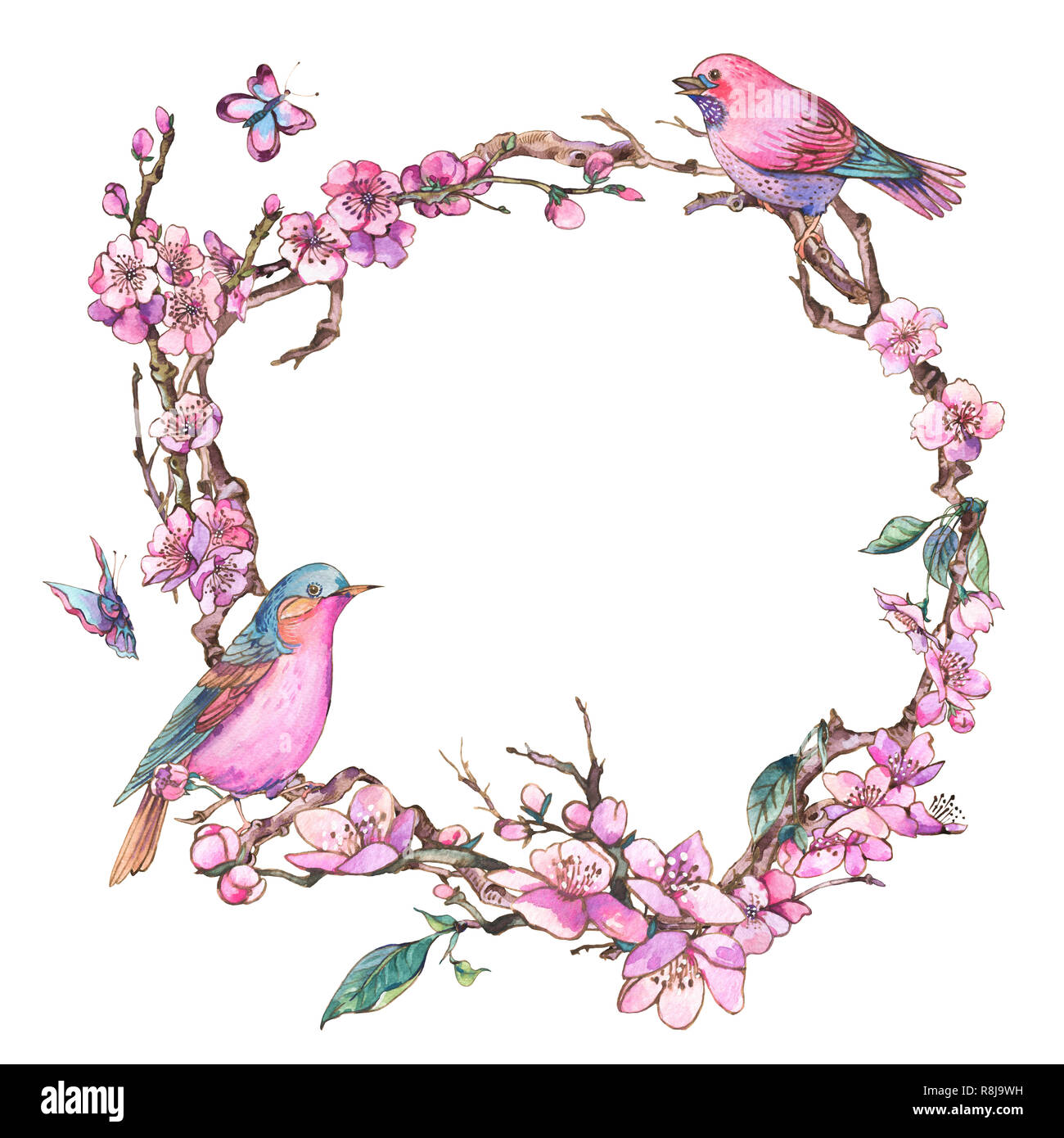 Watercolor Spring Greeting Card Vintage Floral Round Frame With Birds Pink Blooming Branches Of Cherry Peach Pear Sakura Apple Trees Butterflies Stock Photo Alamy