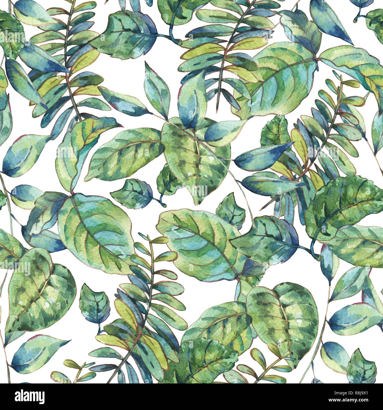 Watercolor seamless exotic pattern with tropical leaves, Botanical ...