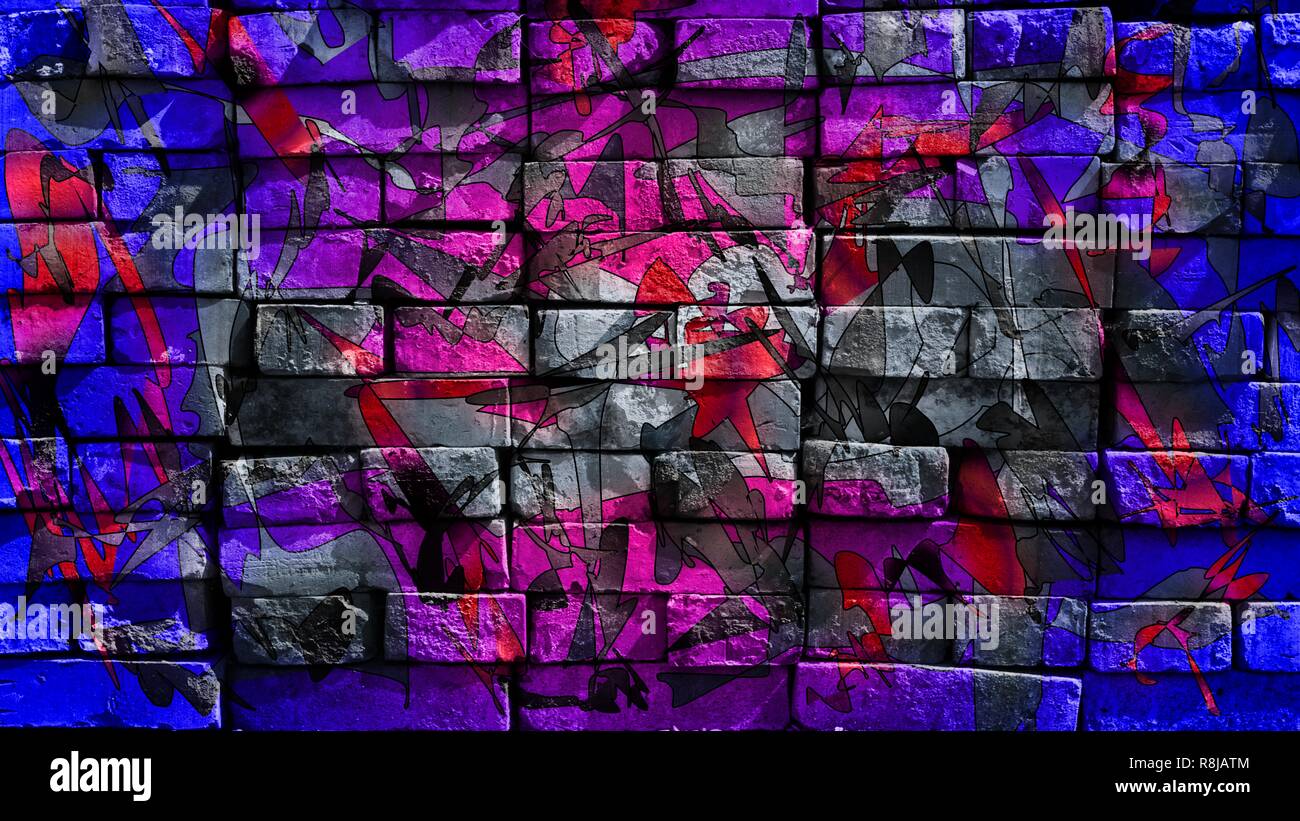 Colorful surreal world. Abstract expressionism. Virtual graffiti. Abstract image, drawn on a photo of a brick wall. Stock Photo