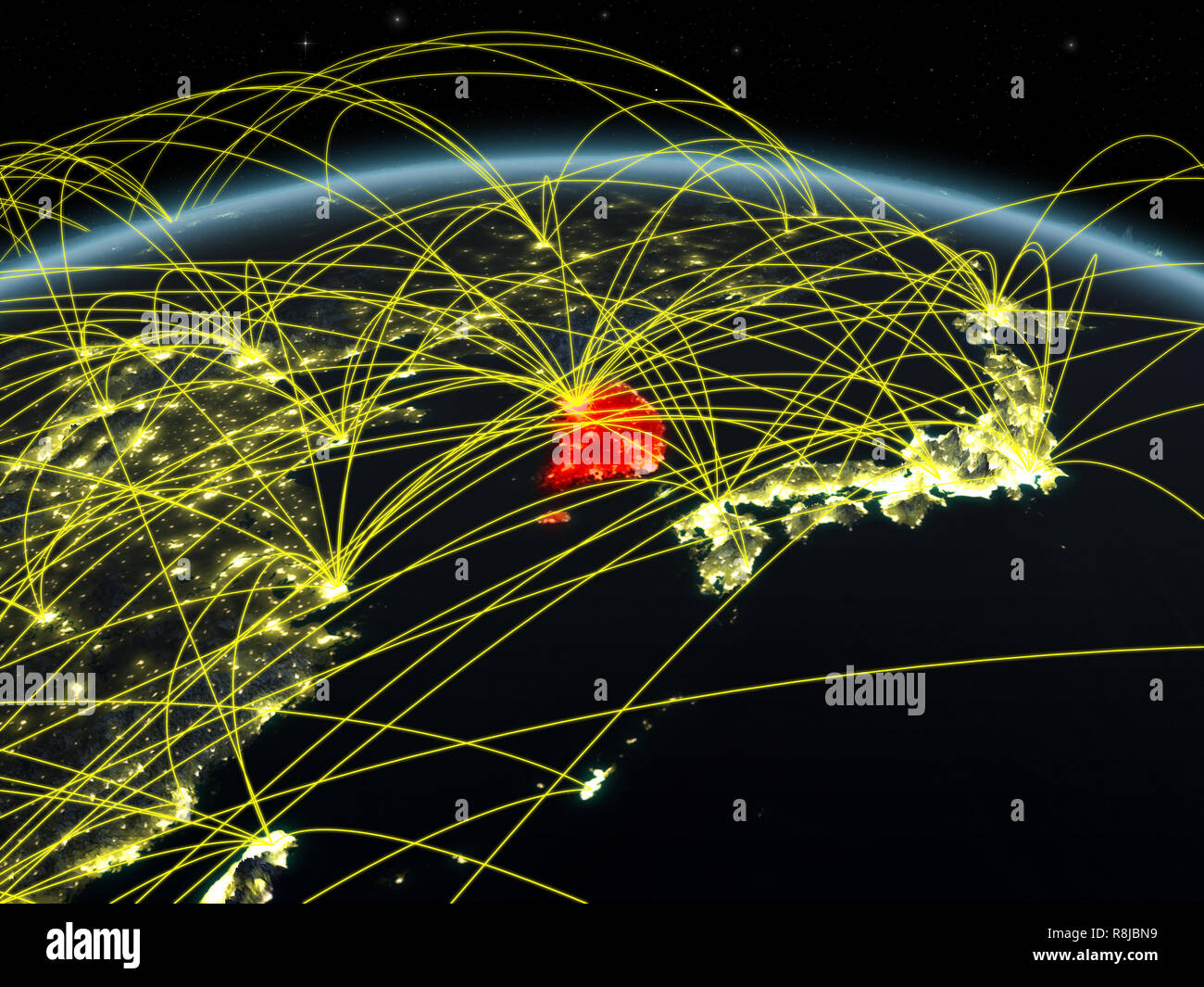 South Korea on planet Earth at night with international network ...