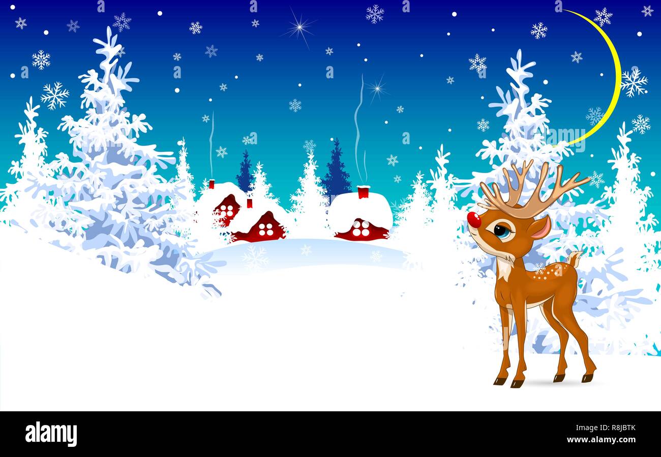 Cartoon deer on a winter background. Deer on the background of a winter  forest and a snow-covered village Stock Vector Image \u0026 Art - Alamy, image size:1300x900