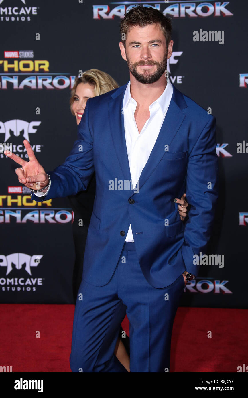 HOLLYWOOD, LOS ANGELES, CA, USA - OCTOBER 10: Actor Chris Hemsworth wearing Hugo  Boss arrives at the Los Angeles Premiere Of Disney And Marvel's 'Thor:  Ragnarok' held at the El Capitan Theatre