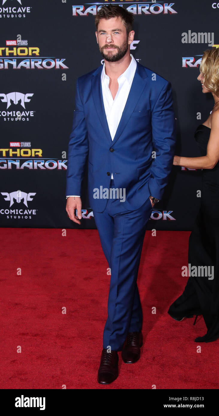 HOLLYWOOD, LOS ANGELES, CA, USA - OCTOBER 10: Actor Chris Hemsworth wearing Hugo  Boss arrives at the Los Angeles Premiere Of Disney And Marvel's 'Thor:  Ragnarok' held at the El Capitan Theatre