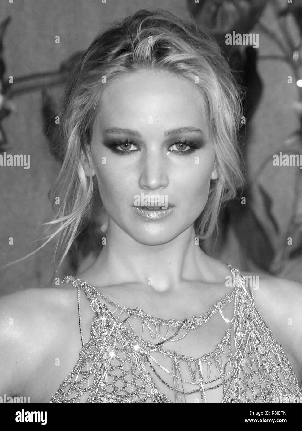 LONDON - SEP 06, 2017: Jennifer Lawrence attends the Mother UK film premiere at Odeon Leicester Square in London( Image digitally altered to monochrome ) Stock Photo