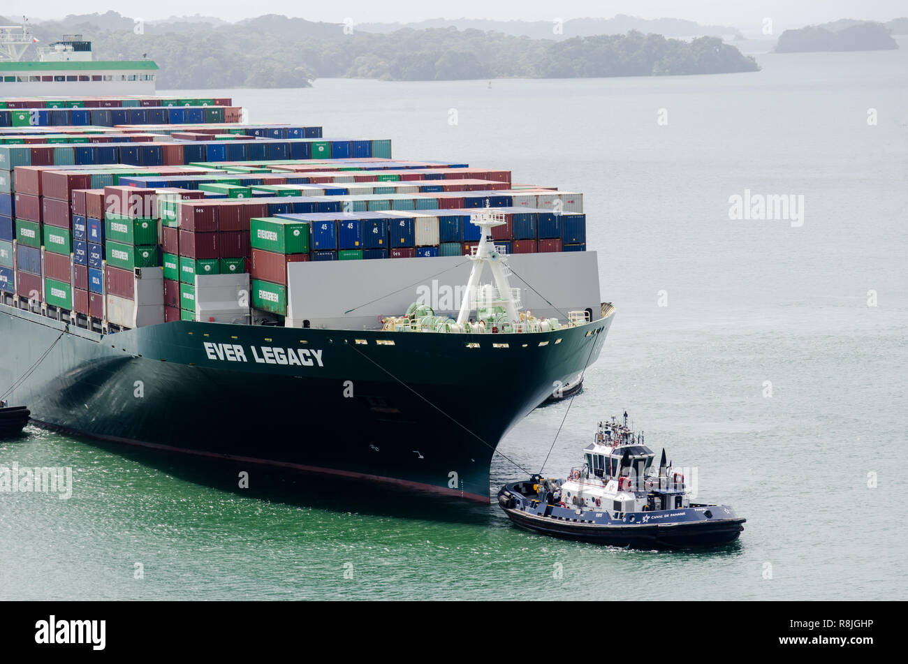 Container ship transiting through the Panama Canal Stock Photo Alamy