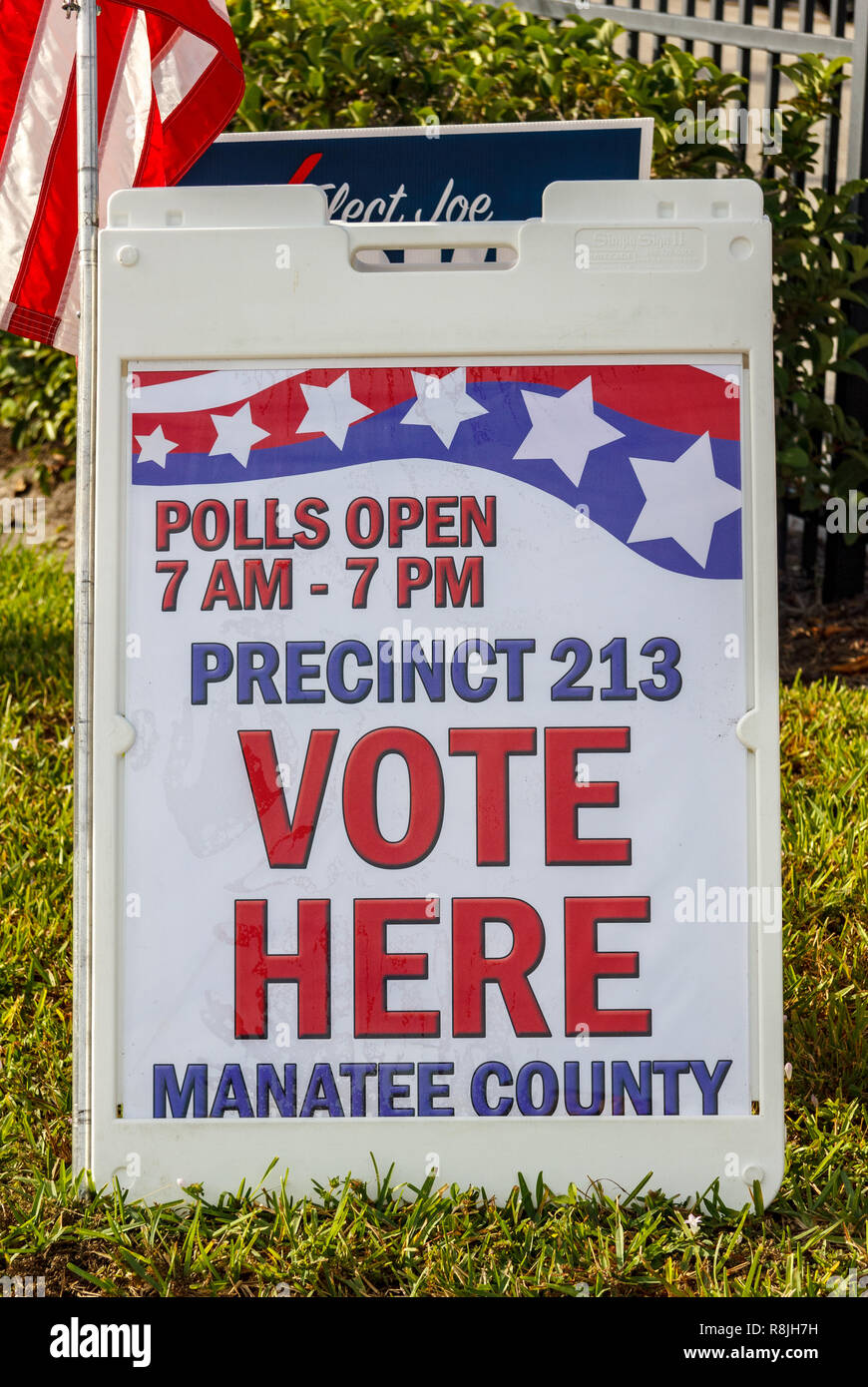 Voting information sign at public polling place Stock Photo