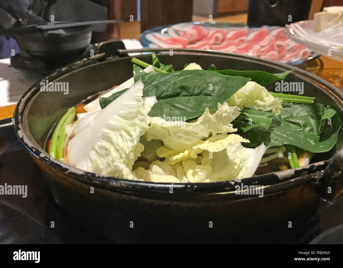 Japanese nabemono hotpot dish of thinly sliced meat and vegetable