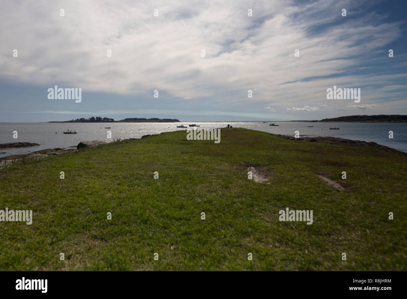 A grassy point overlooking Kettle Cove in Cape Elizabeth, Maine Stock