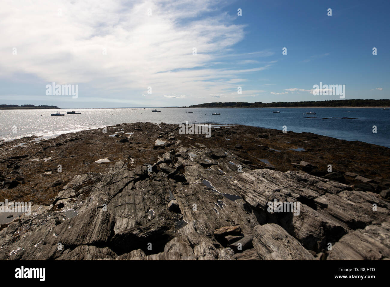 The rocky coastline along Kettle Cove in Cape Elizabeth, Maine Stock