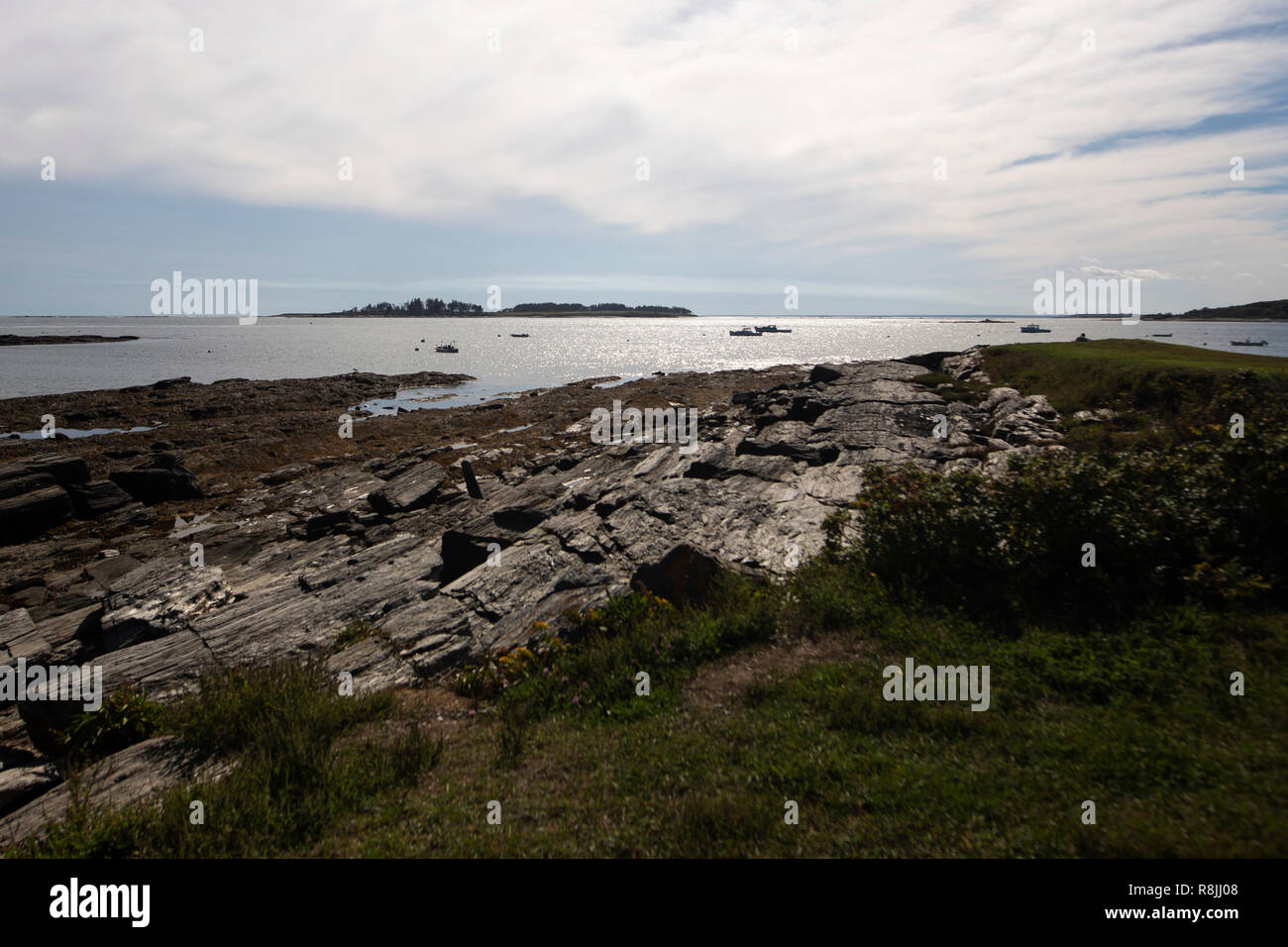 The rocky coastline along Kettle Cove in Cape Elizabeth, Maine Stock