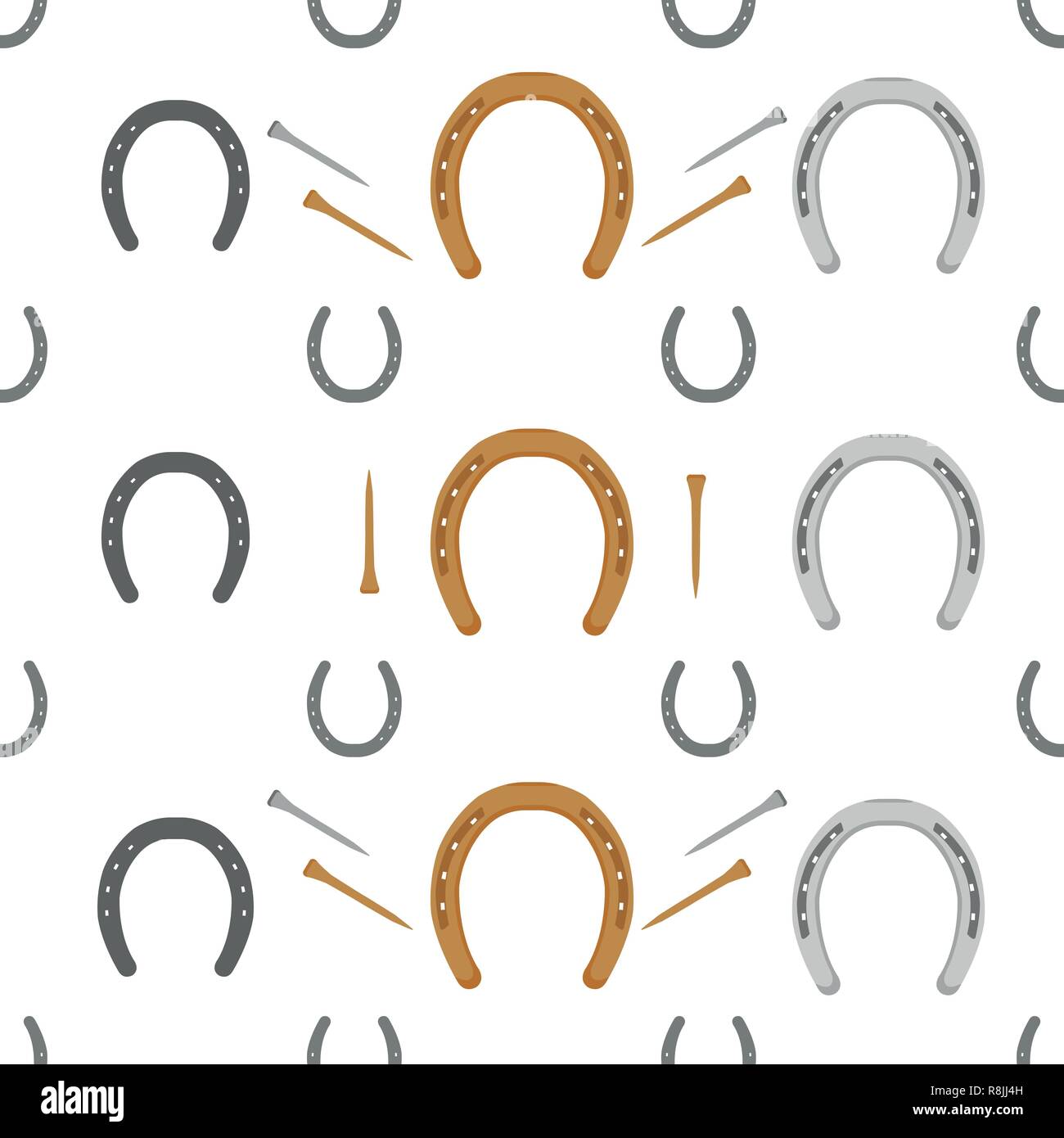 Horseshoes and nails - a seamless vector background equestrian theme. Horse equipment. For wrapping paper, backdrops, prints on clothing. Stock Vector