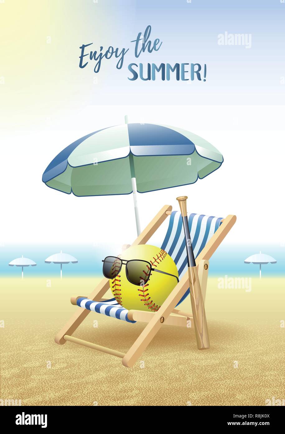 Enjoy the Summer! Sports card. Softball ball with sunglasses, beach umbrella, deck chair and wooden bat on the sand beach. Vector illustration. Stock Vector