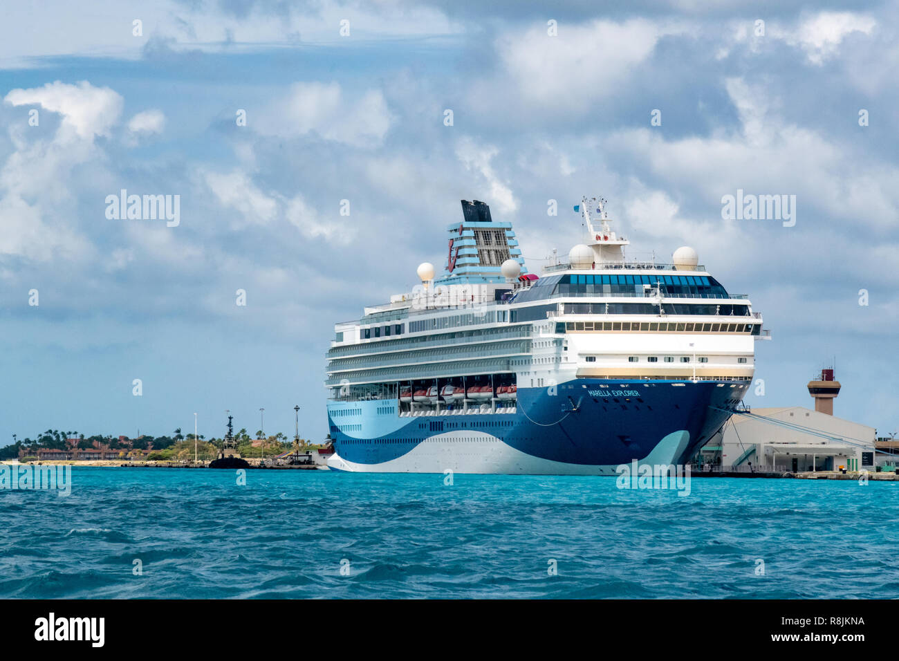 Cruise Ship In Caribbean Island Of Aruba Cruise Port With Two Docked Cruise Ships In The Port Of Oranjestad Wait For Cruise Vacation Passengers Stock Photo Alamy