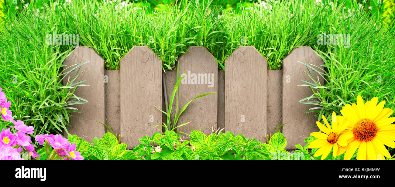 Summer background with old wooden fence and green grass Stock Photo - Alamy