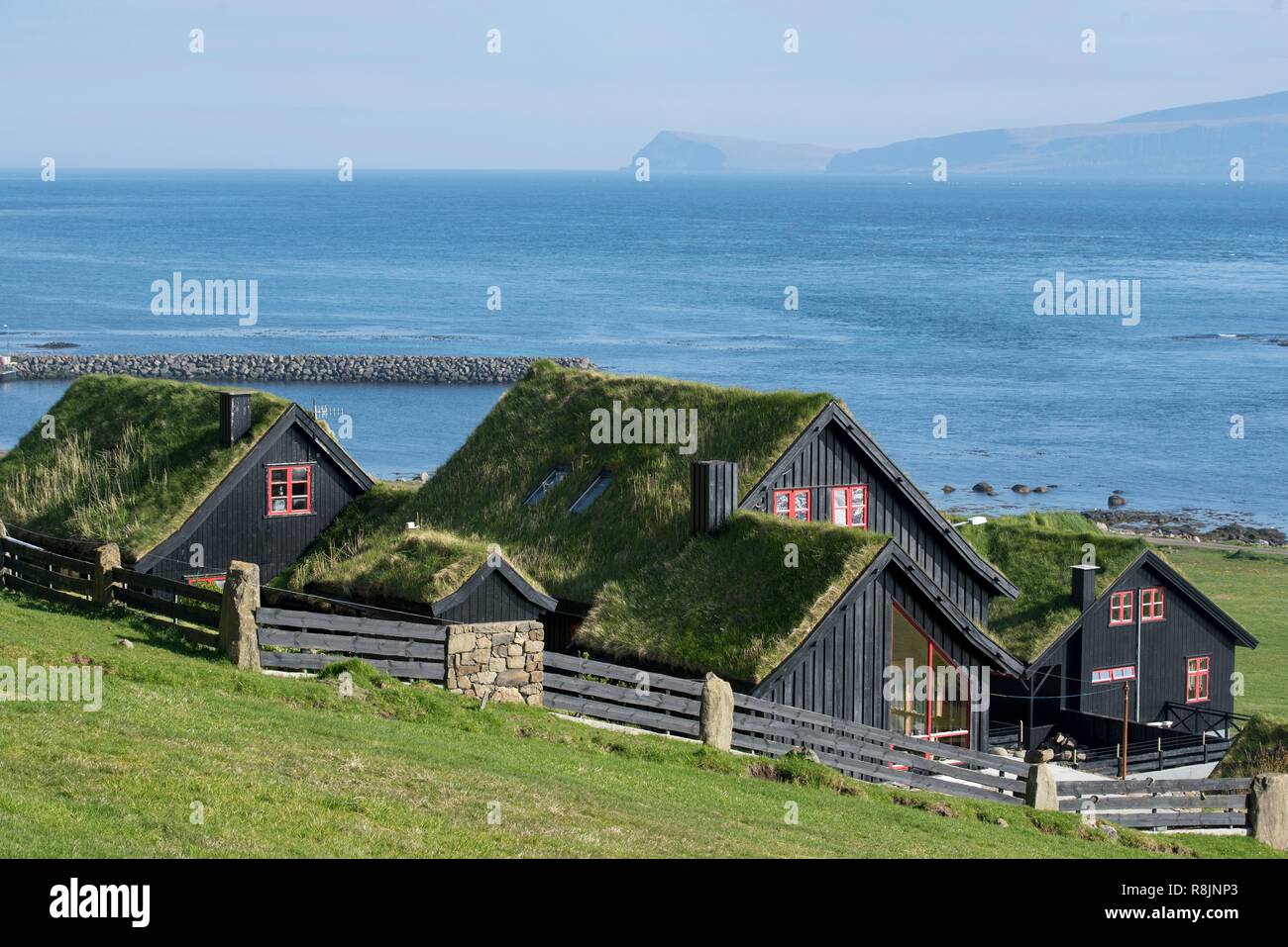 Denmark, Faroe Islands, Streymoy Island, Kirkjubour, turf roof houses Stock Photo