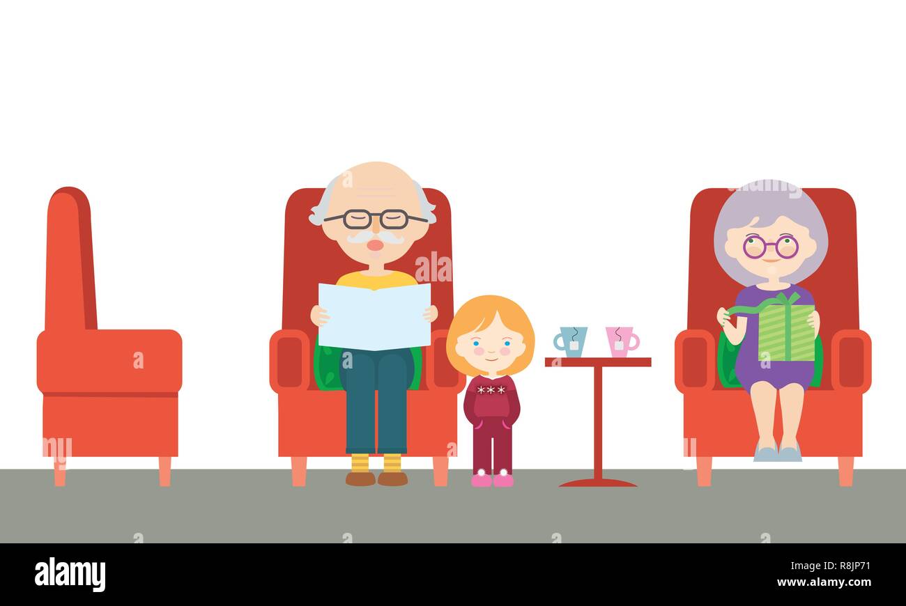 Flat design cartoon illustration of a grandfather and grandmother sitting on a chair and grandchild on a visit, reading a newspaper and unpacking a bi Stock Vector