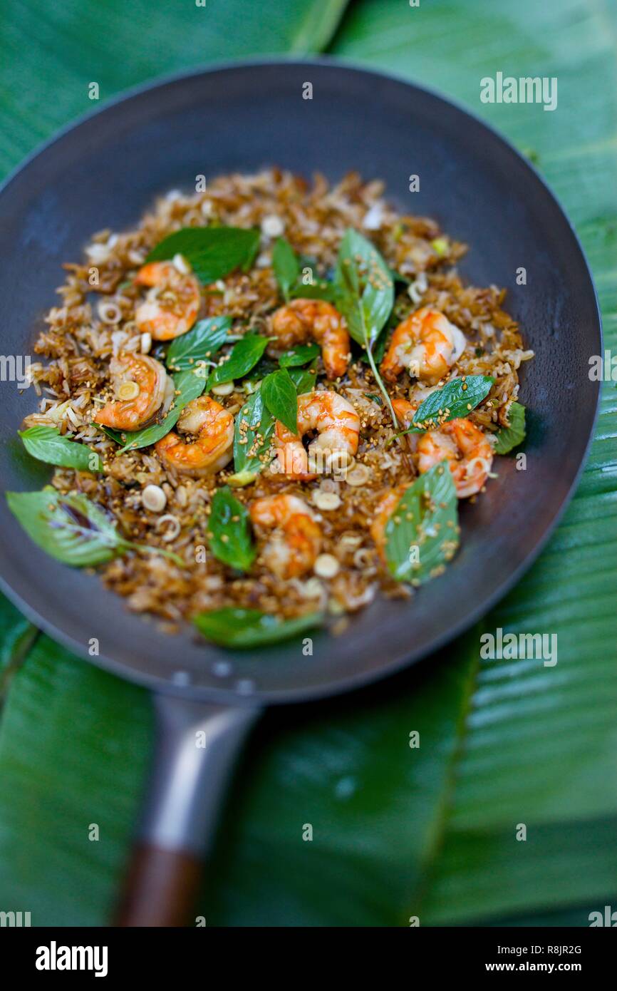 Fried rice recipe with shrimp (ginger, basil and lemongrass) Stock Photo