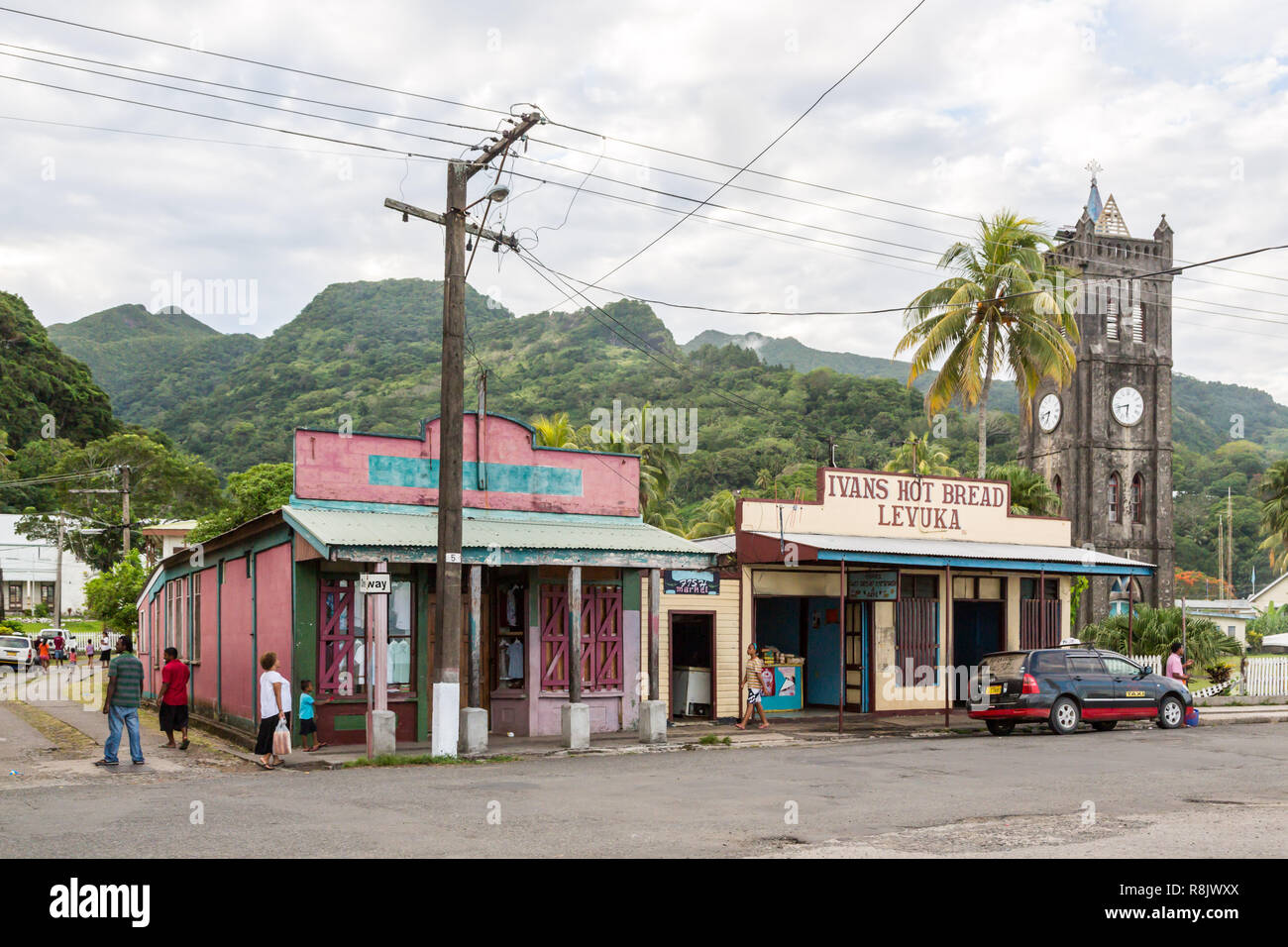 Colourful vibrant streets of old colonial capital of Fiji: Levuka town, Ovalau island, Lomaiviti archipelago, Melanesia, Oceania, South Pacific Ocean. Stock Photo