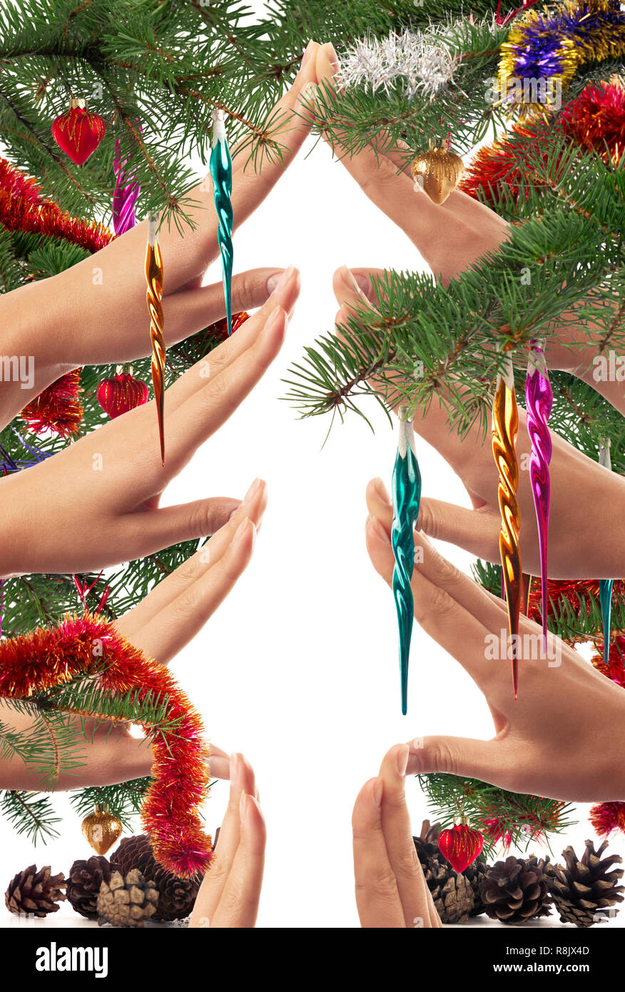 Christmas themed concept of hands making a Christmas tree shape framed with branches and colorful ornaments on white background Stock Photo