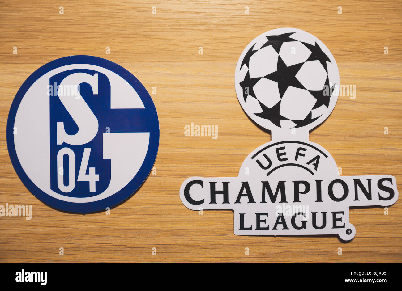 15 December 2018. Nyon Switzerland. The logo of the football club Schalke 04  Gelsenkirchen and UEFA Champions League. Stock Photo