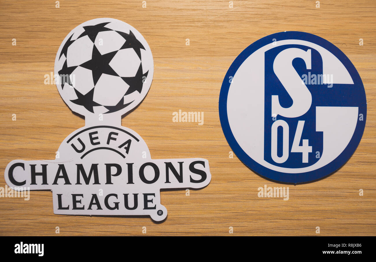 15 December 2018. Nyon Switzerland. The logo of the football club Schalke 04  Gelsenkirchen and UEFA Champions League. Stock Photo